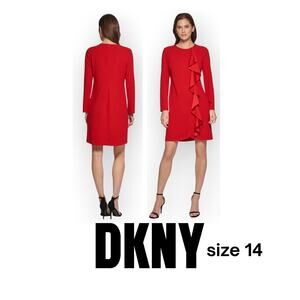 NEW 14 DKNY Red Cascading Ruffle LongSleeve KneeLength Stretch Holiday